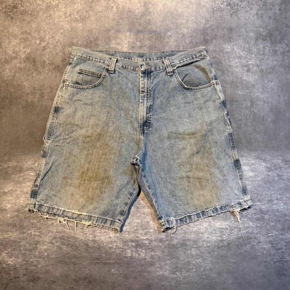 Vintage Wrangler Mens Carpenter Denim Jean Shorts Blue Distressed Workwear 38